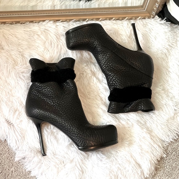 Saint Laurent Shoes - YSL black pebbled leather fur trimmed ankle boots